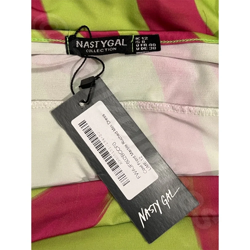 Nasty Gal Lime Green & Hot Pink Marble Print Ruched Cowl Neck Dress NWT - Picture 12 of 14